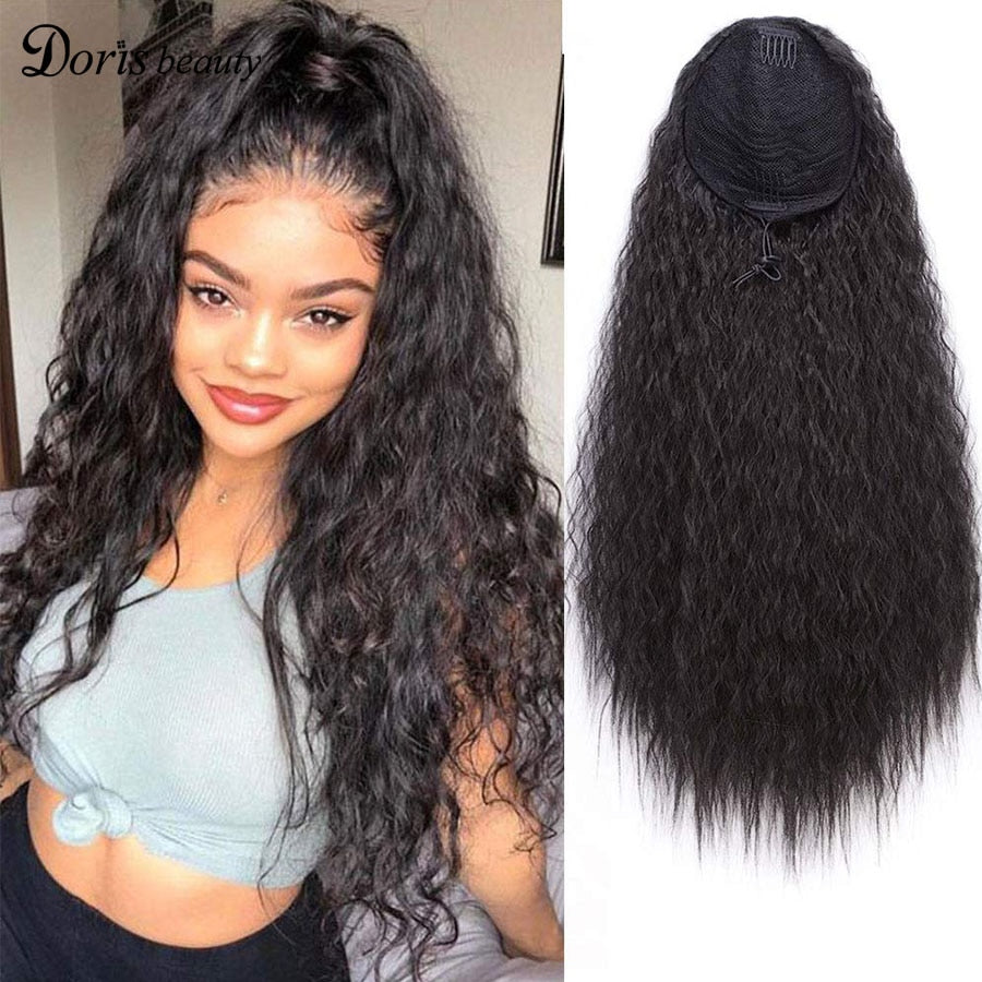 Doris Beauty Long Afro Kinky Curly Ponytail Extension 22 Inch Synthetic Drawstring Corn Hair Piece for Women Black Brown