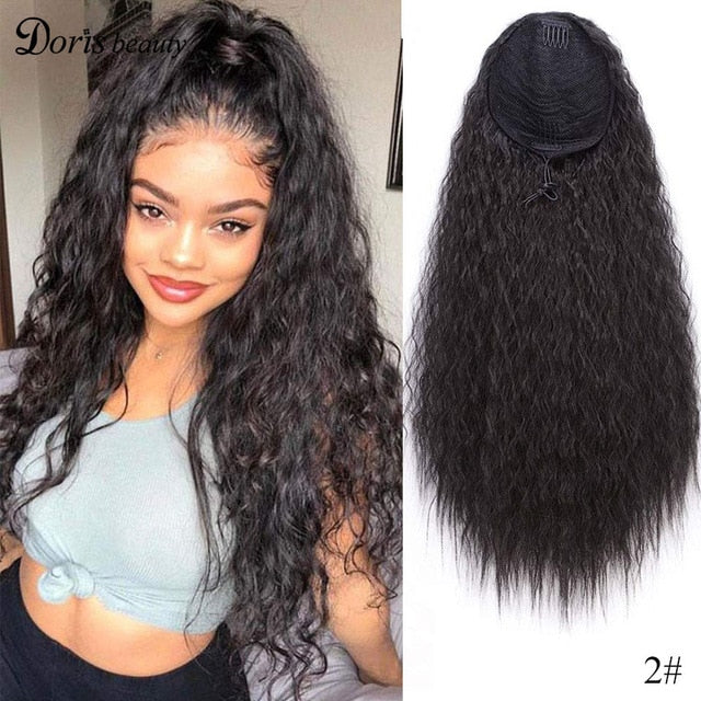 Doris Beauty Long Afro Kinky Curly Ponytail Extension 22 Inch Synthetic Drawstring Corn Hair Piece for Women Black Brown