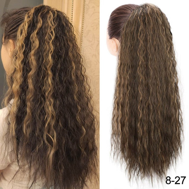 Doris Beauty Long Afro Kinky Curly Ponytail Extension 22 Inch Synthetic Drawstring Corn Hair Piece for Women Black Brown
