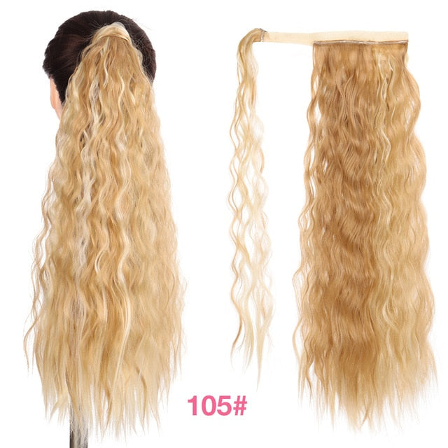 MANWEI Corn Wavy Long Ponytail Synthetic Hairpiece Wrap on Clip Hair Extensions Ombre Brown Pony Tail Blonde Fack Hair