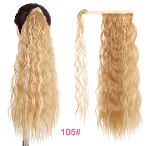 MANWEI Corn Wavy Long Ponytail Synthetic Hairpiece Wrap on Clip Hair Extensions Ombre Brown Pony Tail Blonde Fack Hair
