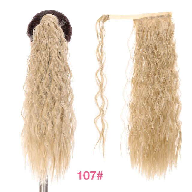 MANWEI Corn Wavy Long Ponytail Synthetic Hairpiece Wrap on Clip Hair Extensions Ombre Brown Pony Tail Blonde Fack Hair