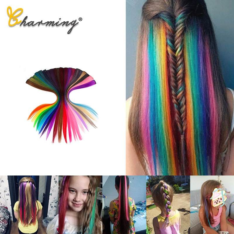 CHARMING Long Straight color Hair 20 inch Piece Hair Extensions Clip Rainbow Hair Streak Pink Synthetic Hair Strands on Clips