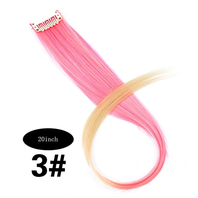 CHARMING Long Straight color Hair 20 inch Piece Hair Extensions Clip Rainbow Hair Streak Pink Synthetic Hair Strands on Clips