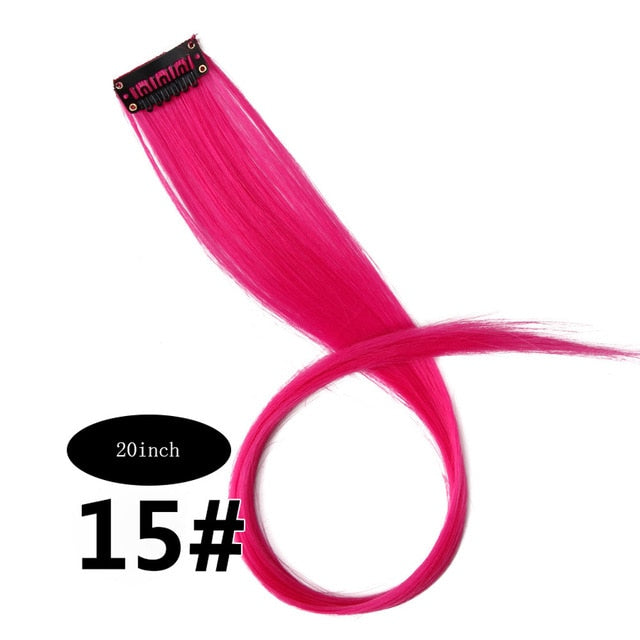 CHARMING Long Straight color Hair 20 inch Piece Hair Extensions Clip Rainbow Hair Streak Pink Synthetic Hair Strands on Clips