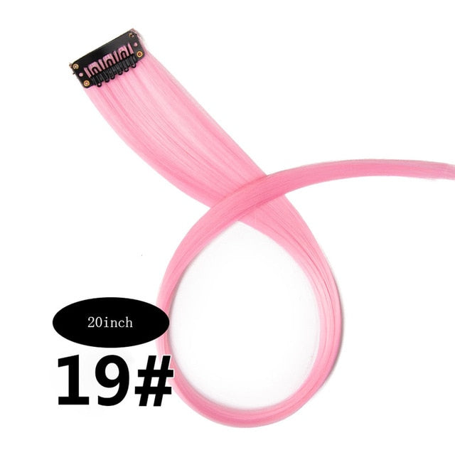CHARMING Long Straight color Hair 20 inch Piece Hair Extensions Clip Rainbow Hair Streak Pink Synthetic Hair Strands on Clips