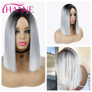 HANNE Ombre Pink/Brown/Grey Straight Shoulder Length Synthetic Wigs Heat Resistant Hair For Black/White Women Cosplay Or Party