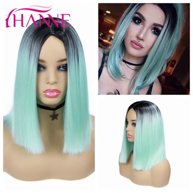 HANNE Ombre Pink/Brown/Grey Straight Shoulder Length Synthetic Wigs Heat Resistant Hair For Black/White Women Cosplay Or Party