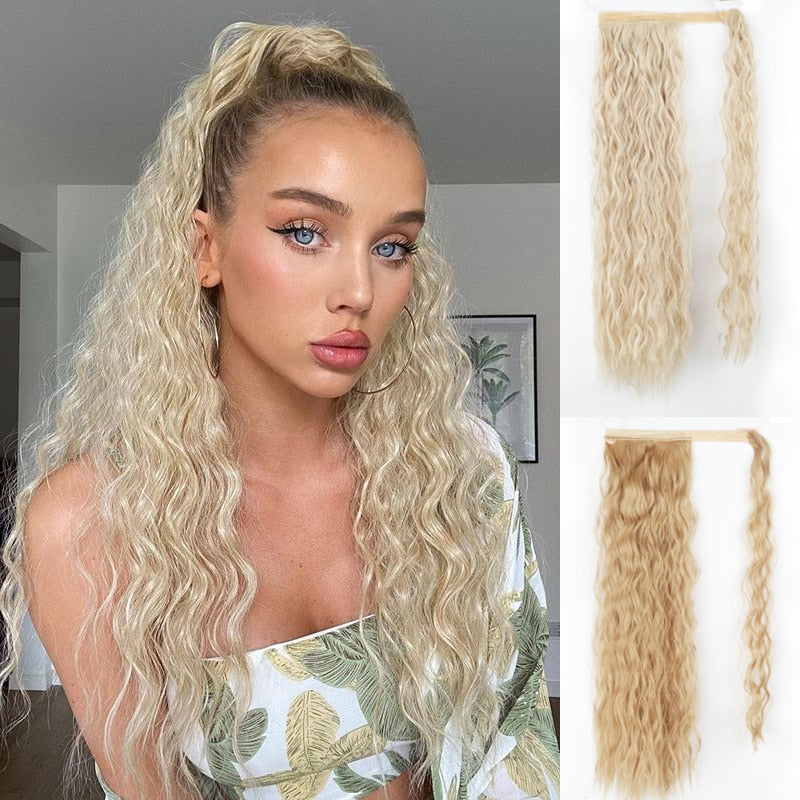 WERD Corn Wavy Long Ponytail Synthetic Wigs For Black Hairpiece Wrap On Clip Hair Extensions Ombre Brown Pony Tail Blonde Hair