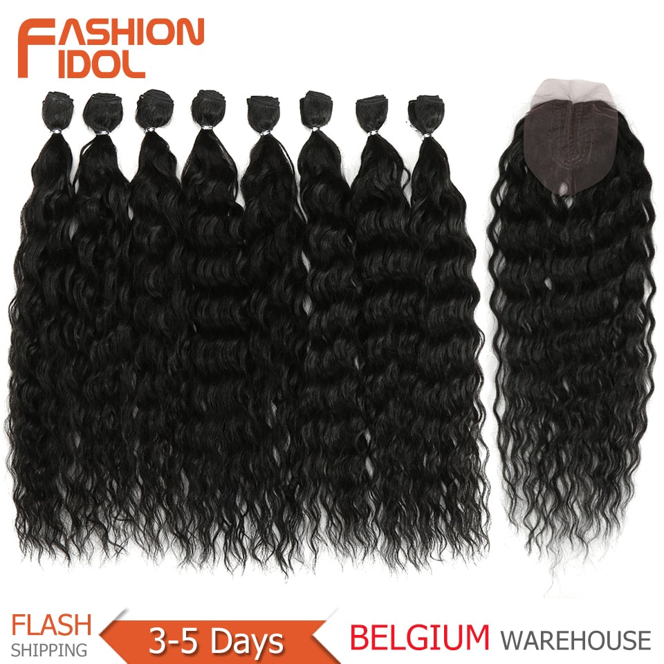 FASHION IDOL Water Wave Hair Bundles With Closure Synthetic Hair Extensions Ombre Blonde Silver Grey Hair 9Pcs/Pack 20inch Fiber