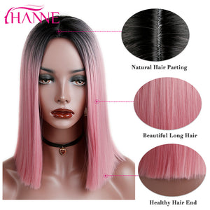 HANNE Ombre Pink/Brown/Grey Straight Shoulder Length Synthetic Wigs Heat Resistant Hair For Black/White Women Cosplay Or Party