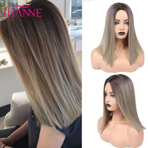 HANNE Ombre Pink/Brown/Grey Straight Shoulder Length Synthetic Wigs Heat Resistant Hair For Black/White Women Cosplay Or Party