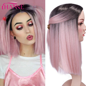 HANNE Ombre Pink/Brown/Grey Straight Shoulder Length Synthetic Wigs Heat Resistant Hair For Black/White Women Cosplay Or Party