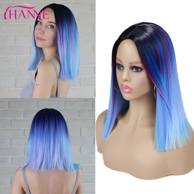 HANNE Ombre Pink/Brown/Grey Straight Shoulder Length Synthetic Wigs Heat Resistant Hair For Black/White Women Cosplay Or Party