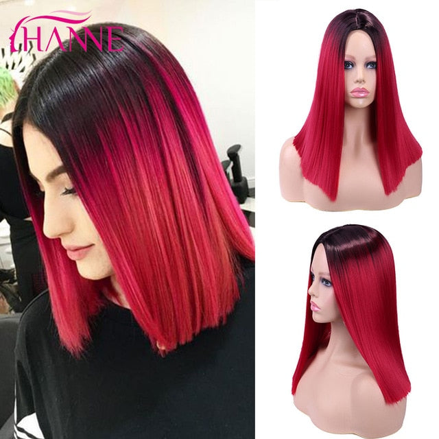 HANNE Ombre Pink/Brown/Grey Straight Shoulder Length Synthetic Wigs Heat Resistant Hair For Black/White Women Cosplay Or Party