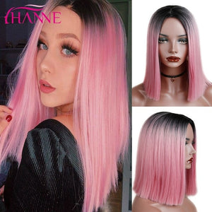 HANNE Ombre Pink/Brown/Grey Straight Shoulder Length Synthetic Wigs Heat Resistant Hair For Black/White Women Cosplay Or Party