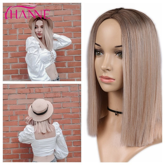 HANNE Ombre Pink/Brown/Grey Straight Shoulder Length Synthetic Wigs Heat Resistant Hair For Black/White Women Cosplay Or Party