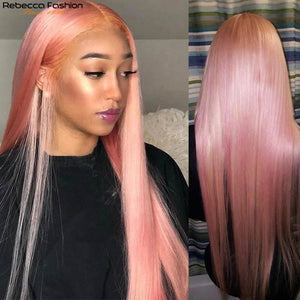 Rebecca Short Straight Human Hair Wigs Pink Wig Peruvian Remy Hair Transparent Lace Wig Colored Human Hair Wigs 4x4 Closure Wigs