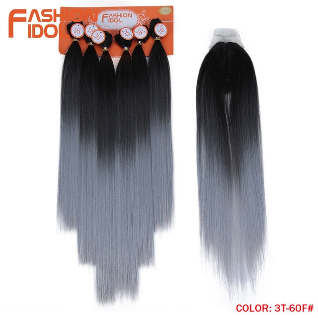 FASHION IDOL Yaki Straight Hair Bundles 7Pcs/Pack 16-20inch Ombre 613# Synthetic Hair Bundles With Closure Weave Hair Extension