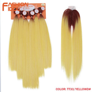 FASHION IDOL Yaki Straight Hair Bundles 7Pcs/Pack 16-20inch Ombre 613# Synthetic Hair Bundles With Closure Weave Hair Extension