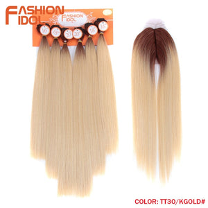FASHION IDOL Yaki Straight Hair Bundles 7Pcs/Pack 16-20inch Ombre 613# Synthetic Hair Bundles With Closure Weave Hair Extension