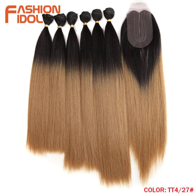 FASHION IDOL Yaki Straight Hair Bundles 7Pcs/Pack 16-20inch Ombre 613# Synthetic Hair Bundles With Closure Weave Hair Extension