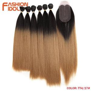 FASHION IDOL Yaki Straight Hair Bundles 7Pcs/Pack 16-20inch Ombre 613# Synthetic Hair Bundles With Closure Weave Hair Extension