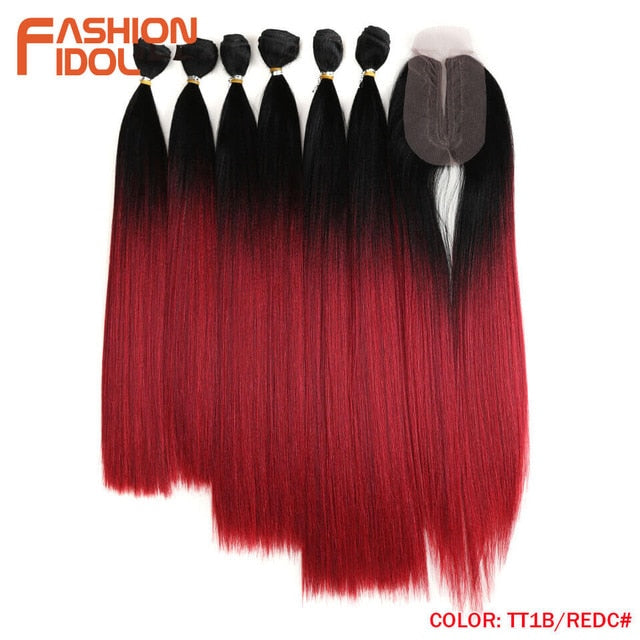 FASHION IDOL Yaki Straight Hair Bundles 7Pcs/Pack 16-20inch Ombre 613# Synthetic Hair Bundles With Closure Weave Hair Extension