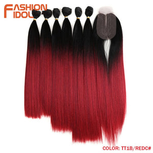 FASHION IDOL Yaki Straight Hair Bundles 7Pcs/Pack 16-20inch Ombre 613# Synthetic Hair Bundles With Closure Weave Hair Extension