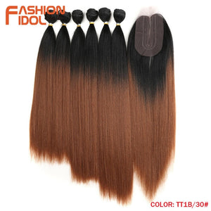 FASHION IDOL Yaki Straight Hair Bundles 7Pcs/Pack 16-20inch Ombre 613# Synthetic Hair Bundles With Closure Weave Hair Extension