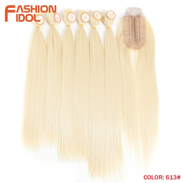 FASHION IDOL Yaki Straight Hair Bundles 7Pcs/Pack 16-20inch Ombre 613# Synthetic Hair Bundles With Closure Weave Hair Extension