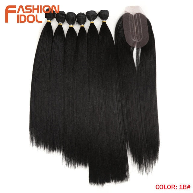 FASHION IDOL Yaki Straight Hair Bundles 7Pcs/Pack 16-20inch Ombre 613# Synthetic Hair Bundles With Closure Weave Hair Extension