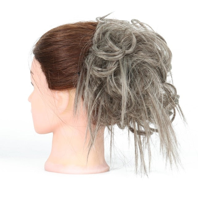 MERISIHAIR Girls Curly Scrunchie Chignon With Rubber Band Brown Gray Synthetic Hair Ring Wrap On Messy Bun Ponytails