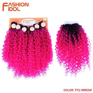 FASHION IDOL Afro Kinky Curly Hair 16-20inch 7Pieces/lot Synthetic Hair Middle Part Lace Front Closure Bundles With Closure 240g