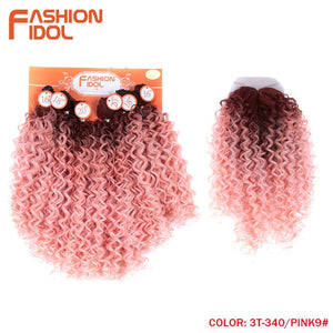 FASHION IDOL Afro Kinky Curly Hair 16-20inch 7Pieces/lot Synthetic Hair Middle Part Lace Front Closure Bundles With Closure 240g