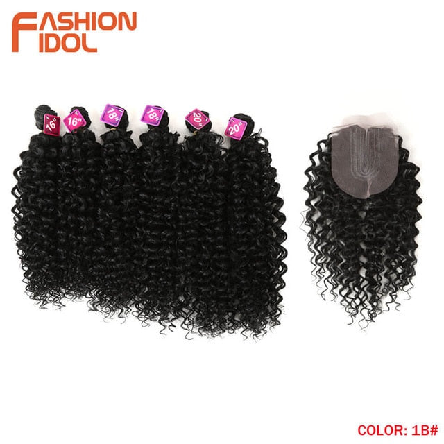 FASHION IDOL Afro Kinky Curly Hair 16-20inch 7Pieces/lot Synthetic Hair Middle Part Lace Front Closure Bundles With Closure 240g