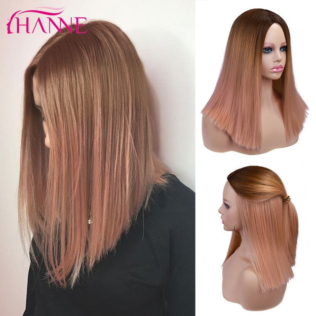 HANNE Ombre Pink/Brown/Grey Straight Shoulder Length Synthetic Wigs Heat Resistant Hair For Black/White Women Cosplay Or Party