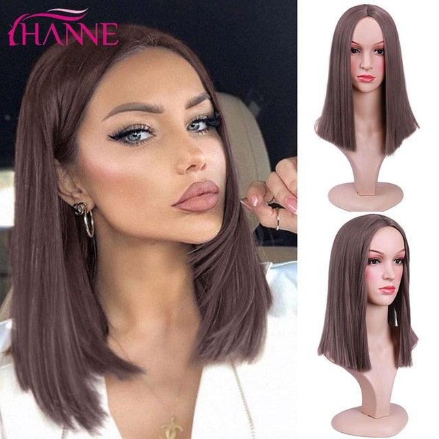 HANNE Ombre Pink/Brown/Grey Straight Shoulder Length Synthetic Wigs Heat Resistant Hair For Black/White Women Cosplay Or Party