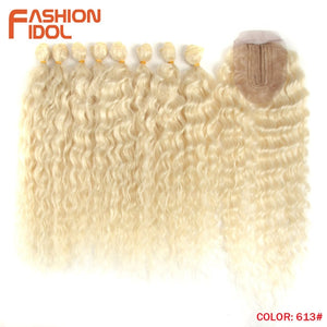 FASHION IDOL Water Wave Hair Bundles With Closure Synthetic Hair Extensions Ombre Blonde Silver Grey Hair 9Pcs/Pack 20inch Fiber