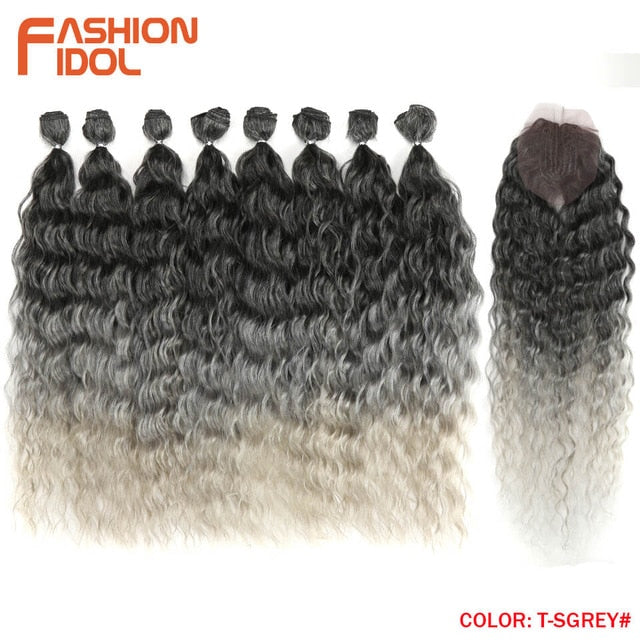 FASHION IDOL Water Wave Hair Bundles With Closure Synthetic Hair Extensions Ombre Blonde Silver Grey Hair 9Pcs/Pack 20inch Fiber