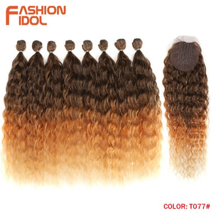 FASHION IDOL Water Wave Hair Bundles With Closure Synthetic Hair Extensions Ombre Blonde Silver Grey Hair 9Pcs/Pack 20inch Fiber