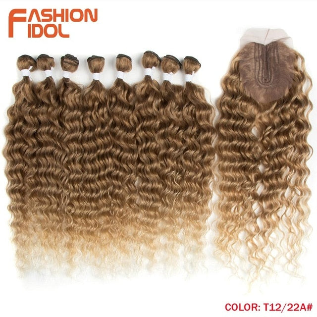 FASHION IDOL Water Wave Hair Bundles With Closure Synthetic Hair Extensions Ombre Blonde Silver Grey Hair 9Pcs/Pack 20inch Fiber