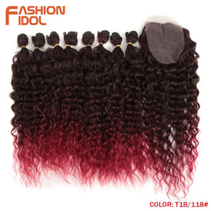 FASHION IDOL Water Wave Hair Bundles With Closure Synthetic Hair Extensions Ombre Blonde Silver Grey Hair 9Pcs/Pack 20inch Fiber