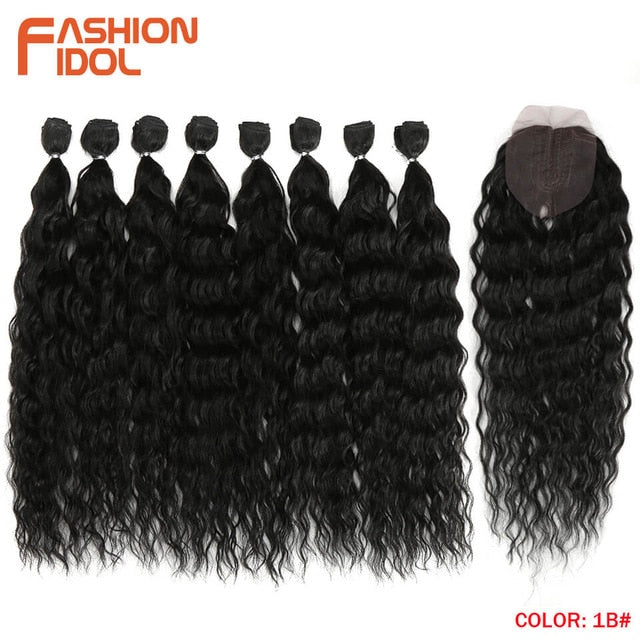 FASHION IDOL Water Wave Hair Bundles With Closure Synthetic Hair Extensions Ombre Blonde Silver Grey Hair 9Pcs/Pack 20inch Fiber
