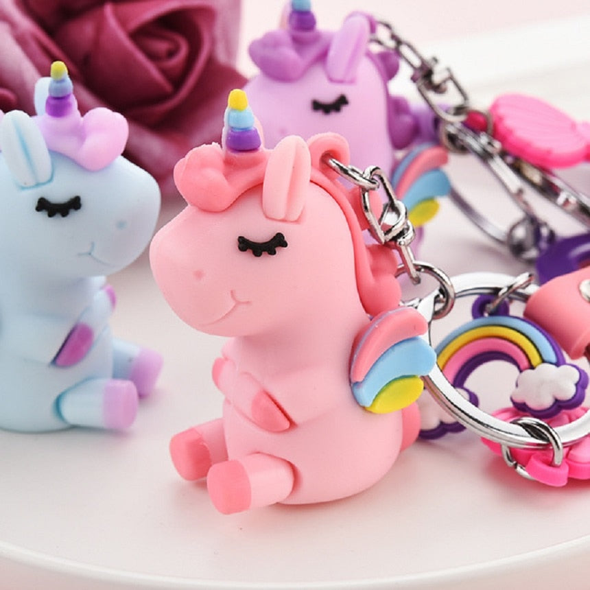 Rainbow Unicorn Key Chain Fancy&Fantasy PVC Animal Keychains Gift For Women Girls Bag Pendant Figure Charms Key Ring