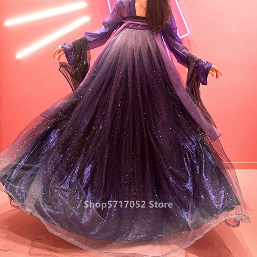 Fairy Fancy Starry Sky Ancient Chinese Dance Costume Women Folk Dance Dress Sequins Sparkly Chiffon Gradient Hanfu Purple Outfit