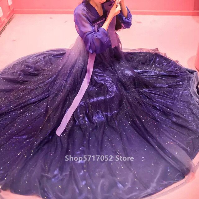 Fairy Fancy Starry Sky Ancient Chinese Dance Costume Women Folk Dance Dress Sequins Sparkly Chiffon Gradient Hanfu Purple Outfit