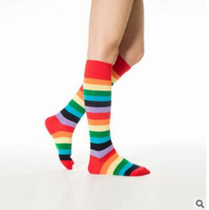 Ladies Womens Striped Stripey Rainbow Stocking Over Knee Socks Long Neon Colourful Fancy Stocking