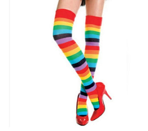 Ladies Womens Striped Stripey Rainbow Stocking Over Knee Socks Long Neon Colourful Fancy Stocking
