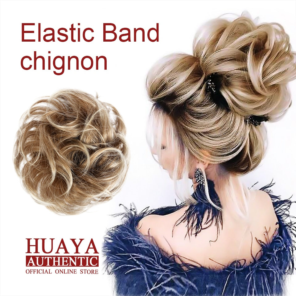 HUAYA Synthetic Curly Chignon Messy Scrunchie Elastic Rubber Band Hair Buns Wrap on Ponytail Natural Fake Hair Blonde Grey